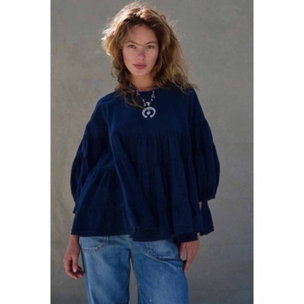 Free People Briana Tunic  Navy Cotton Gauze Tiered Boho Top Oversized